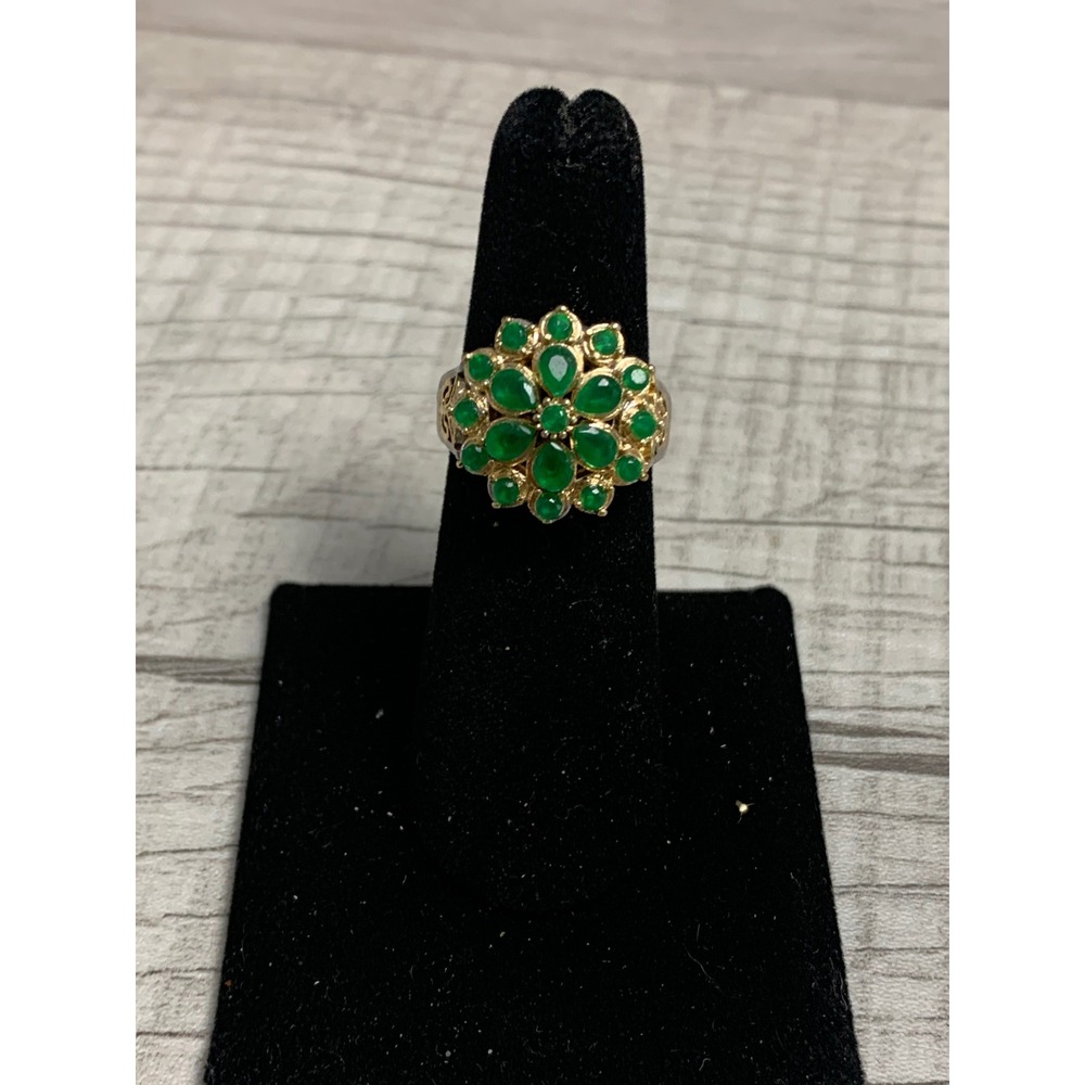 Green Stone Floral Cluster Cocktail Ring Two Tone Gold Silver Size 6.25